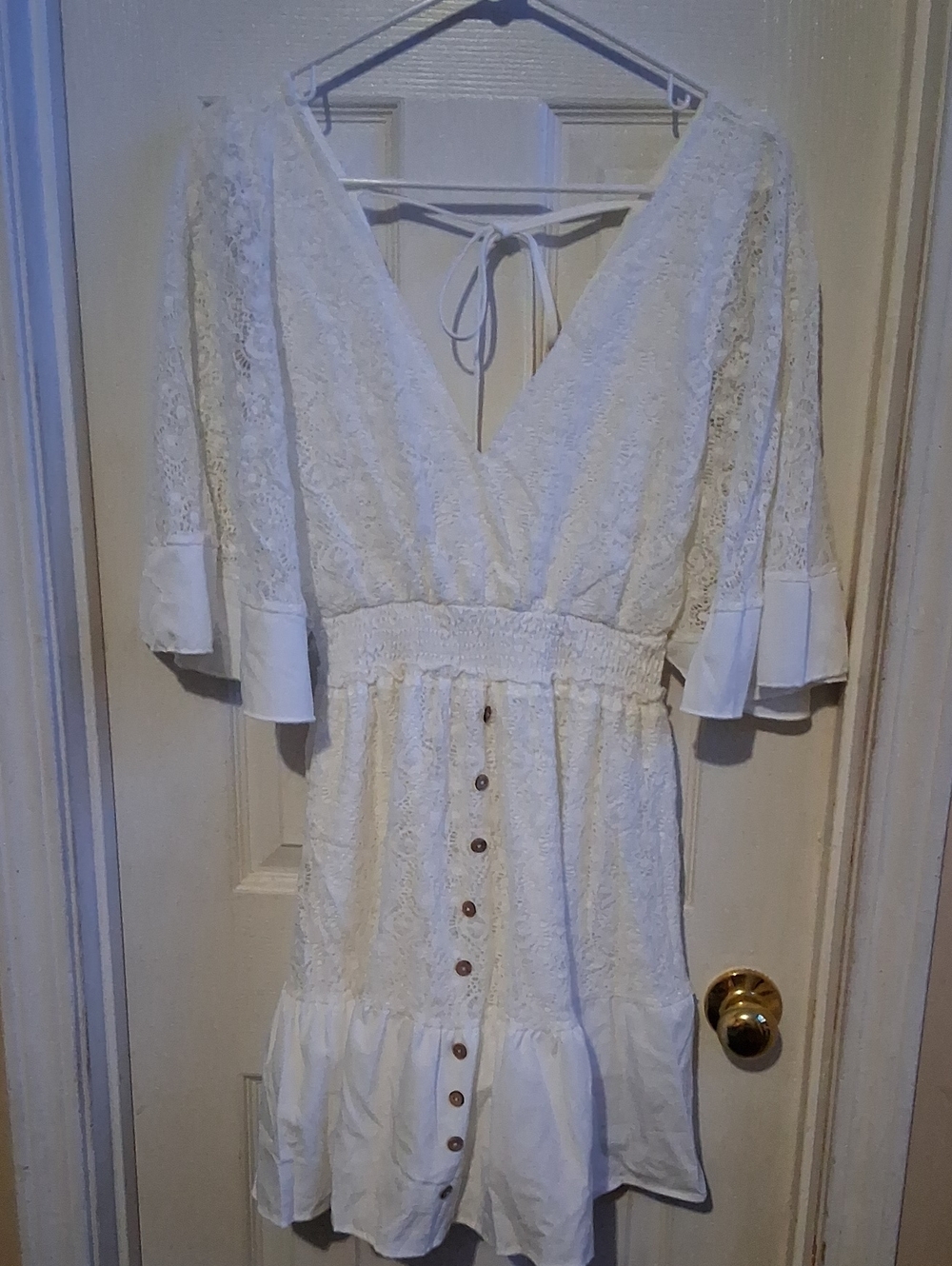 White Lace V-Neck Button-Front Dress